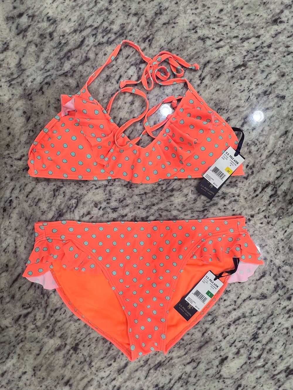 Polo by Ralph Lauren Neon Coral Polka Dot Ruffle Bikini